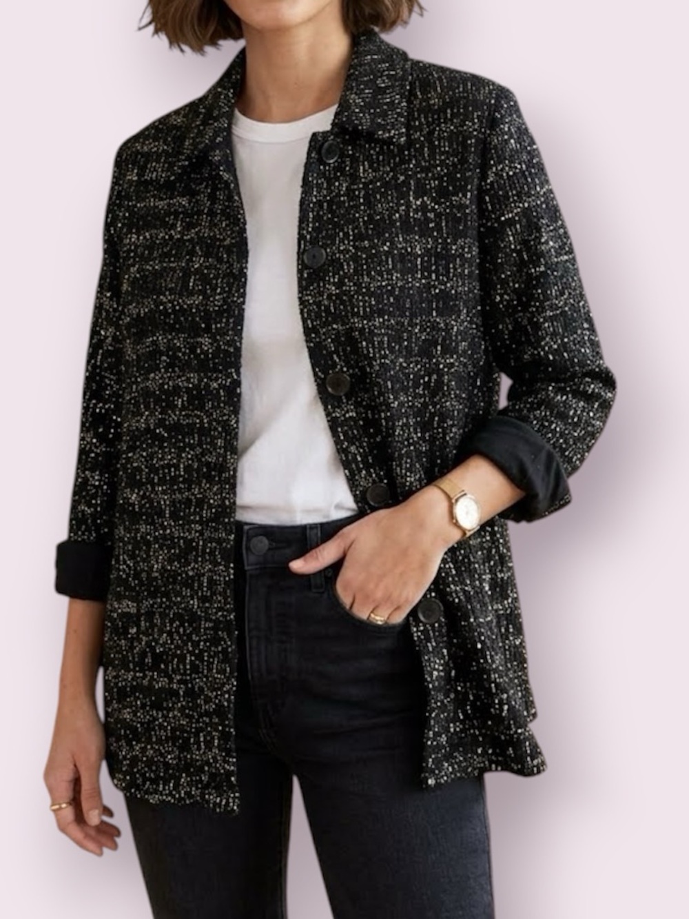 Chico’s Design Metallic Top Jacket Shacket Black Gold Crinkled Textured 12 Large